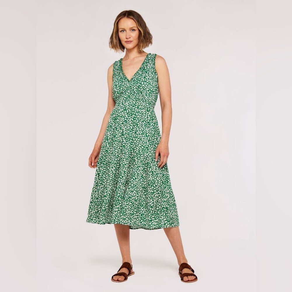 Apricot Daisy Print Tiered Cap Sleeve V-Neck Midi Dress
